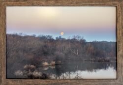 Moonset over lake in Mansfield, Texas. 12x18 framed print for sale.